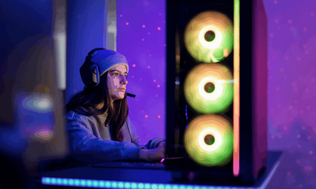 A person at their gaming PC wearing a headset.