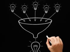 How To Navigate the Dark Funnel in Modern Marketing A chalkboard drawing depicts lightbulbs entering a funnel, representing the sales funnel.