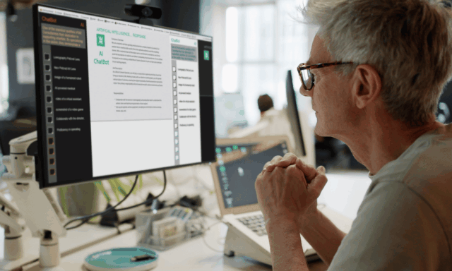 A marketer sits at a desk reviewing AI-generated content on a computer screen in a modern office, reflecting the growing role of artificial intelligence in marketing workflows.