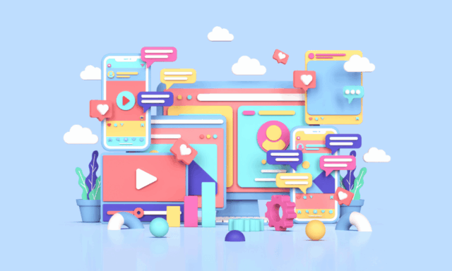 Illustration of social media platforms, content formats, and engagement icons representing how format, platform, and volume shape social media strategy in 2026.