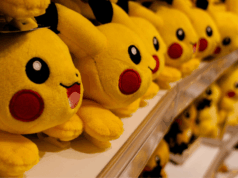 30 Years of Pokémon: Branding Lessons From a Pop Culture Phenomenon Multiple Pikachu plush toys displayed on store shelves, showcasing Pokémon’s global merchandising and brand longevity.