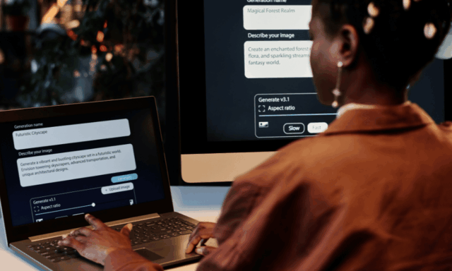 Person using an AI image generation tool on a laptop and desktop computer to create digital visuals for advertising.